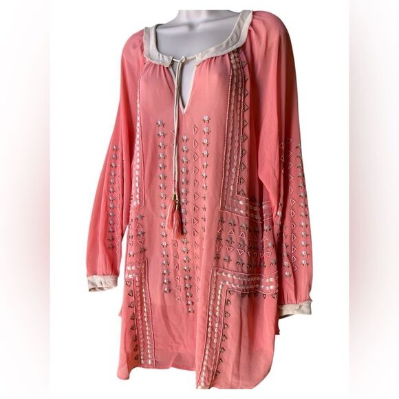 Soft Surroundings XL Boho Beaded Tassels Penelope Cream Neckline Embroidered - Picture 2 of 8